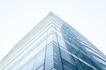 A modern skyscraper's corner rises against a stark white sky, offering minimalist geometry