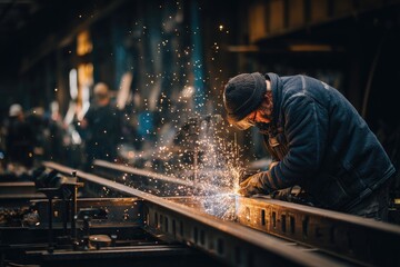A welder focused on his craft, sparks flying in an industrial setting. Other workers are blurred in the background