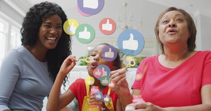 Blowing bubbles girl in T-shirt and overalls in living room, with wands, bottles, thumbs-up icons - Powered by Adobe