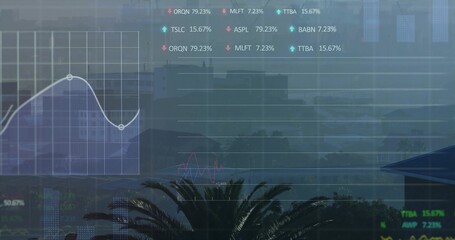 Displaying line chart showing data points over city street, with bars, arrows, tickers, copy space