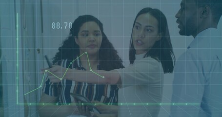 Pointing woman and colleagues analyzing data in office, with whiteboard tablet and grid overlay