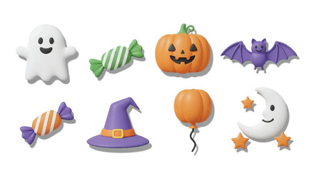 Naklejka premium Whimsical Halloween Icons Featuring a Ghost, Pumpkin, Witch Hat, and Bat