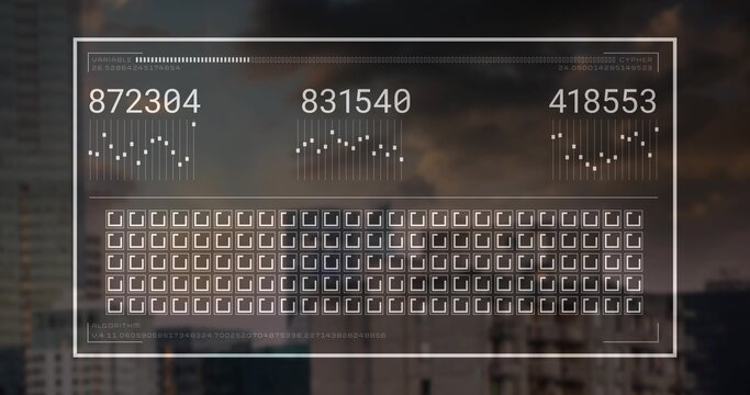 Floating HUD displaying readouts over dusk city skyline, with bar dot graphs, icon grid and labels