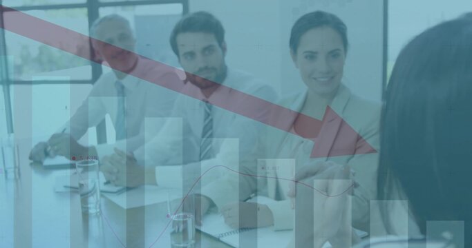 Conducting job interview at conference table with notebooks, pens and tablet under trend graphics - Powered by Adobe