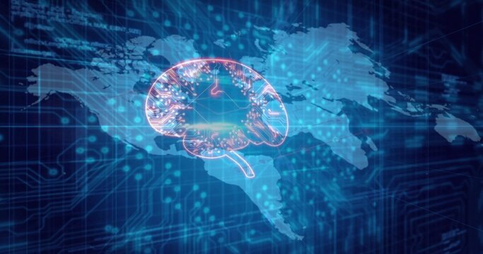Floating neon outlined brain silhouette glowing over world map, with circuit traces and data nodes