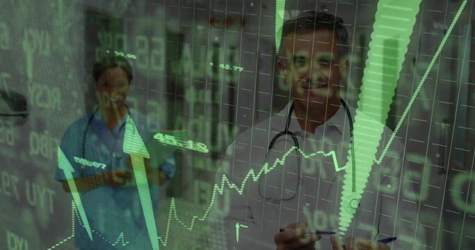 Showing nurse with smartphone and doctor with clipboard in hospital hall, overlaying finance chart