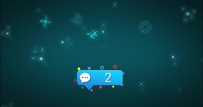 Floating chat bubble showing number 2, speech icon over teal screen, with gaming symbols