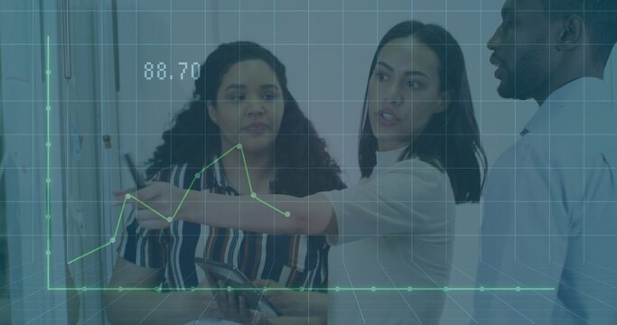 Pointing woman and colleagues analyzing data in office, with whiteboard tablet and grid overlay