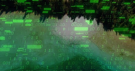Displaying drone view showing turquoise lake meeting pines at forest shore with binary bars overlay