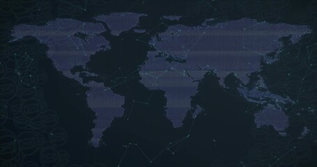 Displaying pixelated world map revealing network nodes on digital panel, with scanline grid