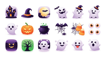 Spooky Halloween Icons Haunted Houses, Ghosts, Pumpkins, and Witchy Elements in Vector Illustration
