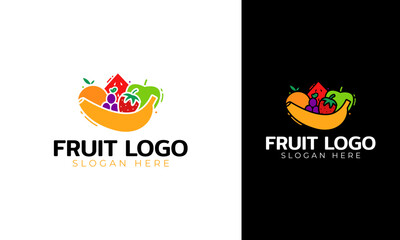 Fruits logo design. Symbol with banana, apple, orange, grapes, strawberry, and watermelon concept for healthy food