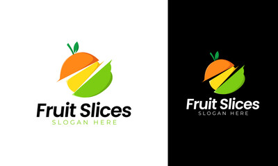 Fruit slice logo design. Juice symbol with sliced fruits for diet food or health vitamin. Orange, lemon, apple vector