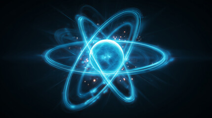 Glowing blue atom structure with energy particles