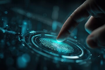 Human finger touching a glowing digital fingerprint scan on a futuristic, high-tech interface
