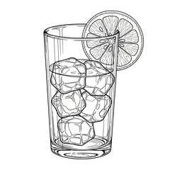 Illustration of a glass filled with ice cubes and a slice of lemon on the glass rim in black and white