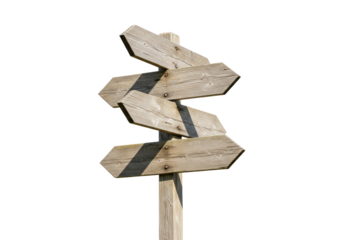 Rustic wooden signpost with four arrows isolated PNG, direction indicator for outdoor navigation and travel concepts