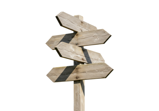Rustic wooden signpost with four arrows isolated PNG, direction indicator for outdoor navigation and travel concepts