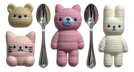 Cute Plush Animal Toys with Metallic Spoons on Transparent Background