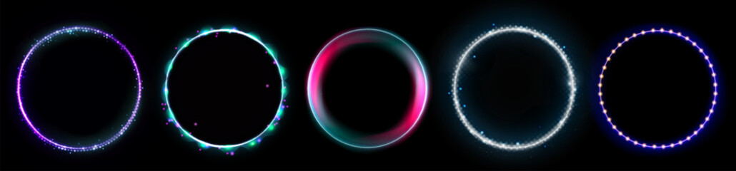 Glowing light rings with halo effects and neon circle frames for modern digital design with dots and gradient elements. Luminous round borders with sparkling details. Futuristic decorative shapes
