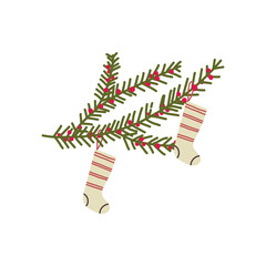 Obraz premium Minimalist flat vector of sustainable Christmas tree with cozy handmade socks, eco green Christmas design.
