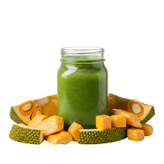 Jackfruit Smoothie Delight: A vibrant green jackfruit smoothie is showcased in a glass jar, accompanied by fresh jackfruit slices and delectable candies, representing health.