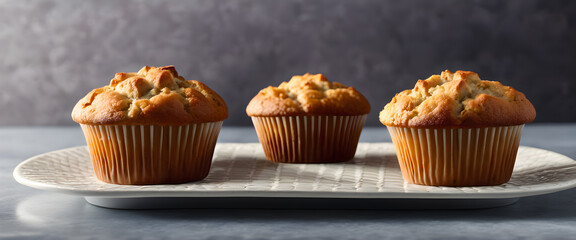 Three muffins on patterned white plate in modern space. Freshly baked cupcakes displayed on simple white dish. Minimal dessert scene with three golden muffins.