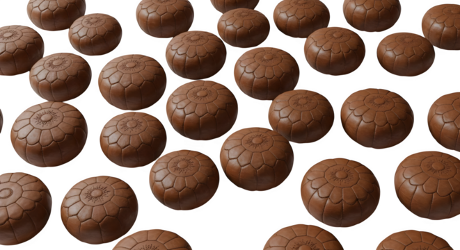 Brown leather poufs create repetitive texture pattern, useful for interior design, furniture retail, or product backgrounds.