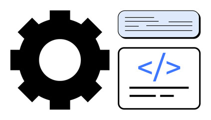 Large gear next to code snippet and text box portraying programming structure, development, and technology. Ideal for software, coding, automation, technical processes, education, innovation simple