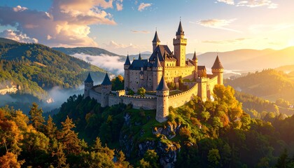 Majestic medieval castle perched atop a lush, forested mountain peak