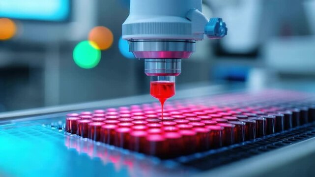 Laboratory Test with Pipette Dispensing Red Liquid into Microplate Under Bright Lighting Conditions 4k video footage