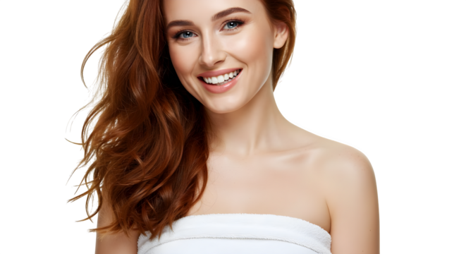 Smiling redhead woman shows off healthy skin. Clean lighting creates soft shadows for skin care product photography, beauty branding, wellness websites, and health social media.