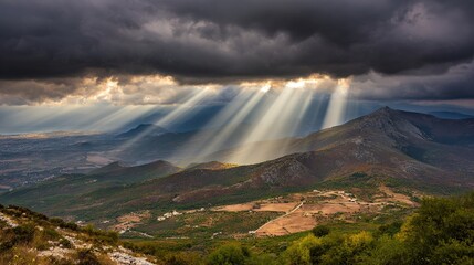 epic. Sunbeams breaking through storm clouds over a vast wilderness at golden hour. travel magazines, destination branding, designed for outdoor magazines and nature guides, inspires travel planning.