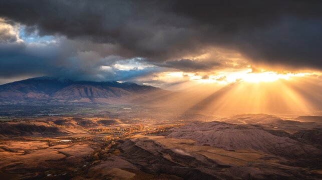 epic. Sunbeams breaking through storm clouds over a vast wilderness at golden hour. travel magazines, destination branding, designed for outdoor magazines and nature guides, inspires travel planning.