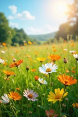 Obraz premium A sun-drenched field of wildflowers swaying gently in the breeze, embodying the serene joy of nature's beauty and simple pleasures , bliss, vibrant