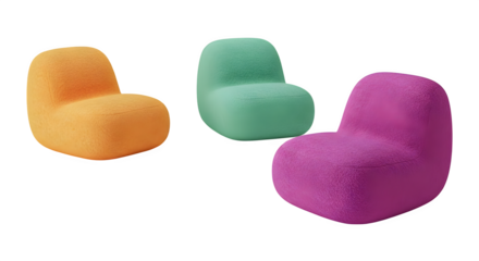 Orange, green and pink fluffy armchairs on black shows colorful design, product mockups and interior backgrounds.