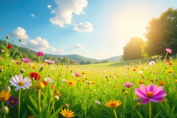 Obraz premium A sun-drenched meadow bursting with wildflowers, conveying a sense of gentle, serene joy and the simple beauty of nature's pretty happiness , pretty, calm, field