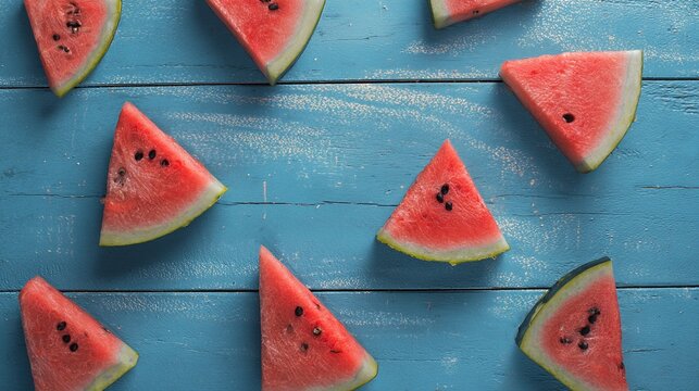 seedless. Fresh watermelon slices arranged on a rustic blue wooden surface, highlighting simple summer freshness. menu design.