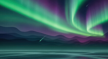Vibrant green and purple aurora borealis over a calm landscape.
