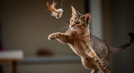 Energetic Chausie Cat Mid-Leap Reaching for Feather Toy with Focused Gaze