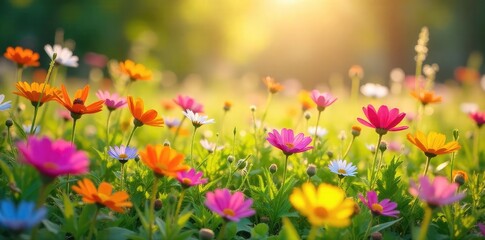 Obraz premium A vibrant and colorful flower meadow bursting with wildflowers in full bloom, bathed in the warm sunlight of a summer's day Perfect for nature, summer, and floral themes , countryside, meadow