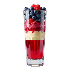 Berry Parfait: A vibrant parfait of layered berries, showcasing layers of juicy jelly, creamy custard, and an array of fresh raspberries and blueberries, presenting a colorful, layered dessert.