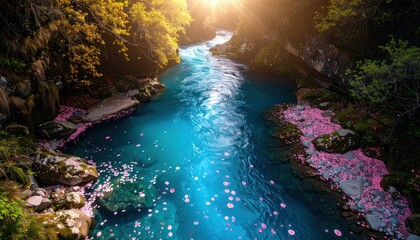 Tranquil river canyon with luminous blue water and scattered blossom petals