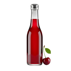 Cherry Elixir: A vibrant glass bottle filled with ruby-red cherry juice stands, accompanied by a single, ripe cherry with a verdant leaf, symbolizing refreshing taste.