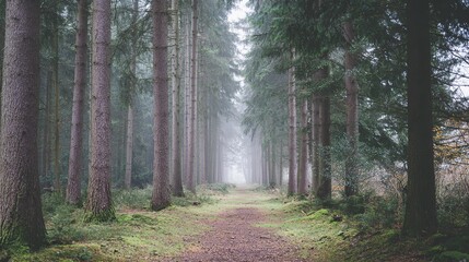 vanishing. Misty forest path with straight tree trunks leading into the distant fog. travel magazines, destination branding, designed for travel destination branding, used by event planners.