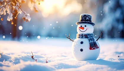 Fototapeta premium Whimsical Snowman Scene Bathed in Winter Sunlight, evoking holiday cheer