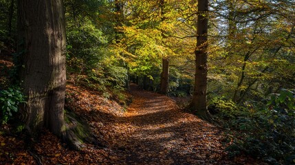 narrow. Narrow forest path with autumn leaves and dappled sunlight. representing seasonal cycles and harvest abundance, travel magazines, designed for travel destination branding.