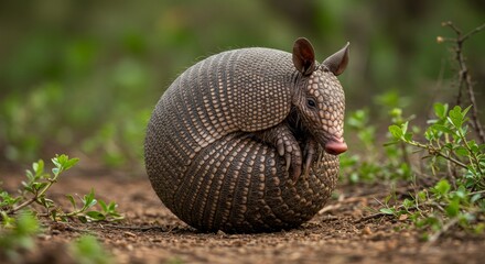 Obraz premium Nine-banded armadillo perfectly curled up in a defensive position on dirt ground