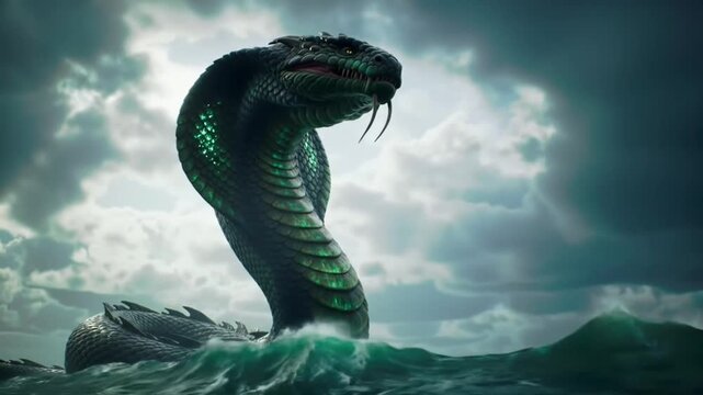 giant sea serpent rises from stormy ocean waters