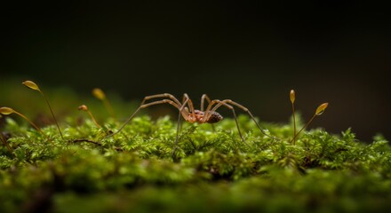 Fototapeta premium Close-up of a Harvestman Spider Walking on Vibrant Green Moss in Natural Habitat